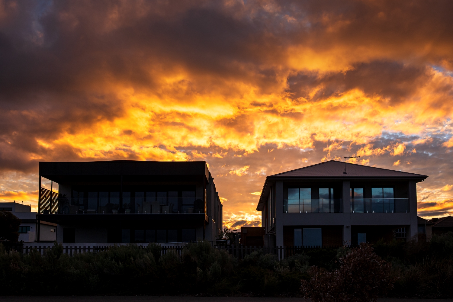 Two houses backlit by sunset
