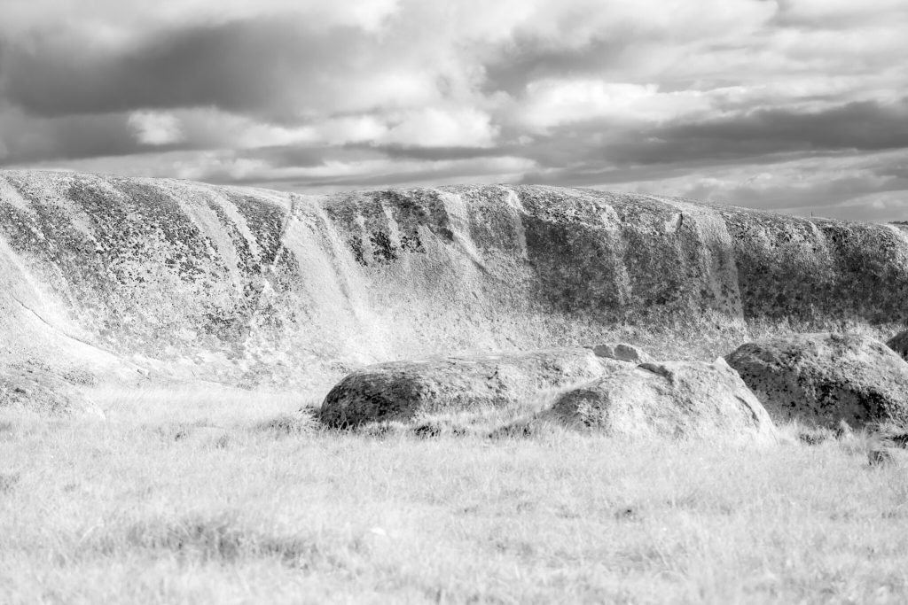A high-contrast black and white photograph of a large, three-meter-high granite boulder curving like a wave out of a grassy field at Dog Rocks in Batesford under a stormy sky.